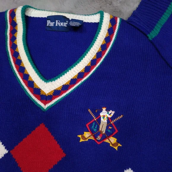 Vintage 90s Par Four Argyle Embroidered Golf Sweater XL Unisex - Picture 2 of 5